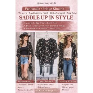 Panhandle Western Fringe Kimono Skull Arrow Print Boho Cowgirl Duster S/M